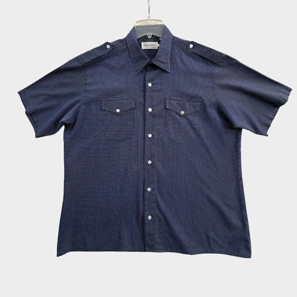 Vintage Oleg Cassini Button Up Shirt Mens XL Blue Polka Dot Rockabilly Western